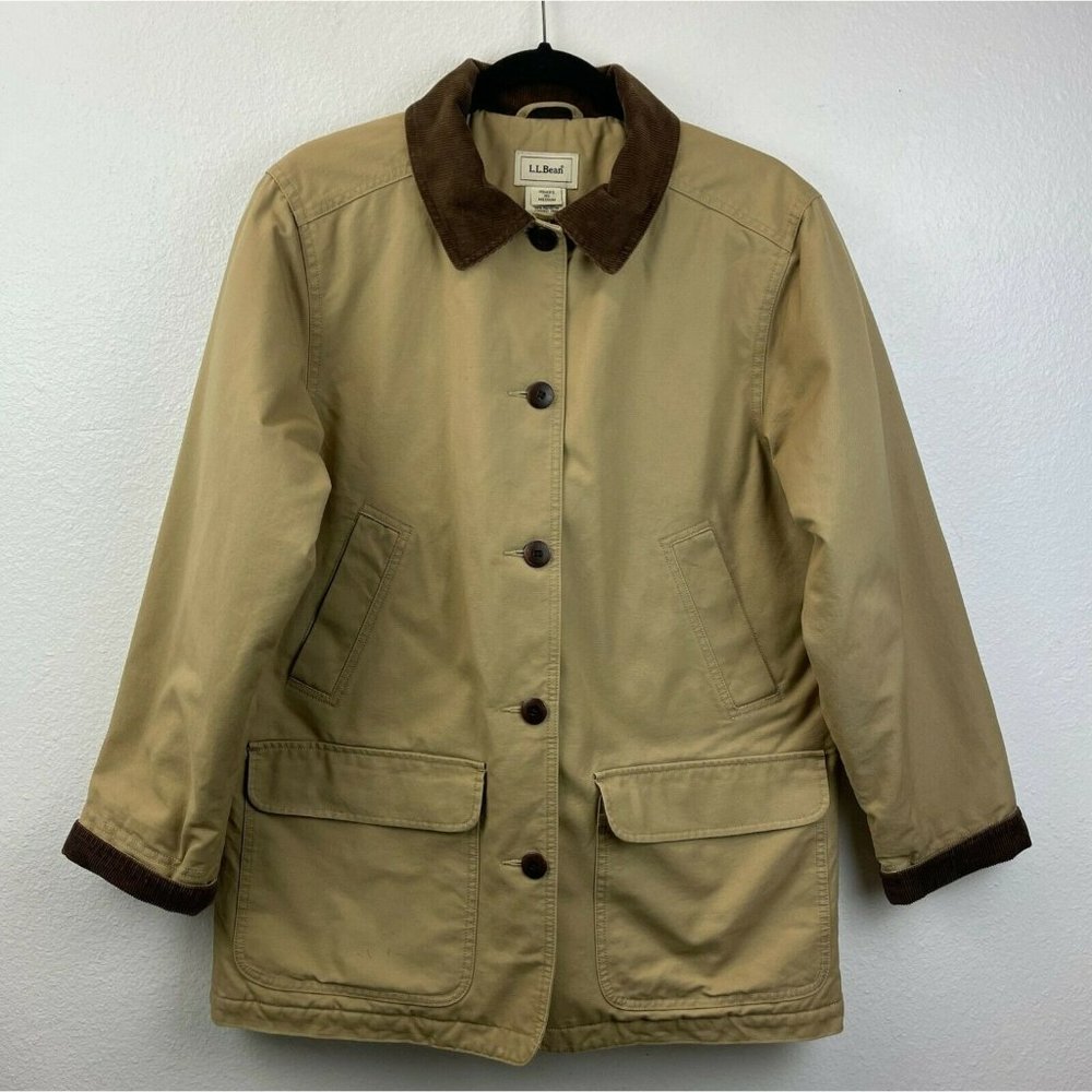 L.L.Bean Women's Quilted Lined Corduroy Collar Barn Coat Khaki Sz Medium